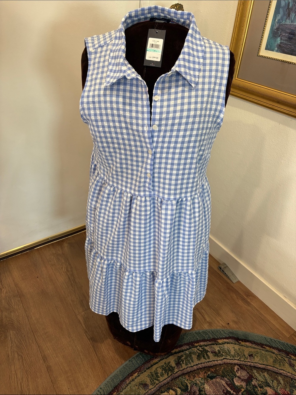 Tommy Hilfiger Blue and White Gingham Tiered Shirt Dress